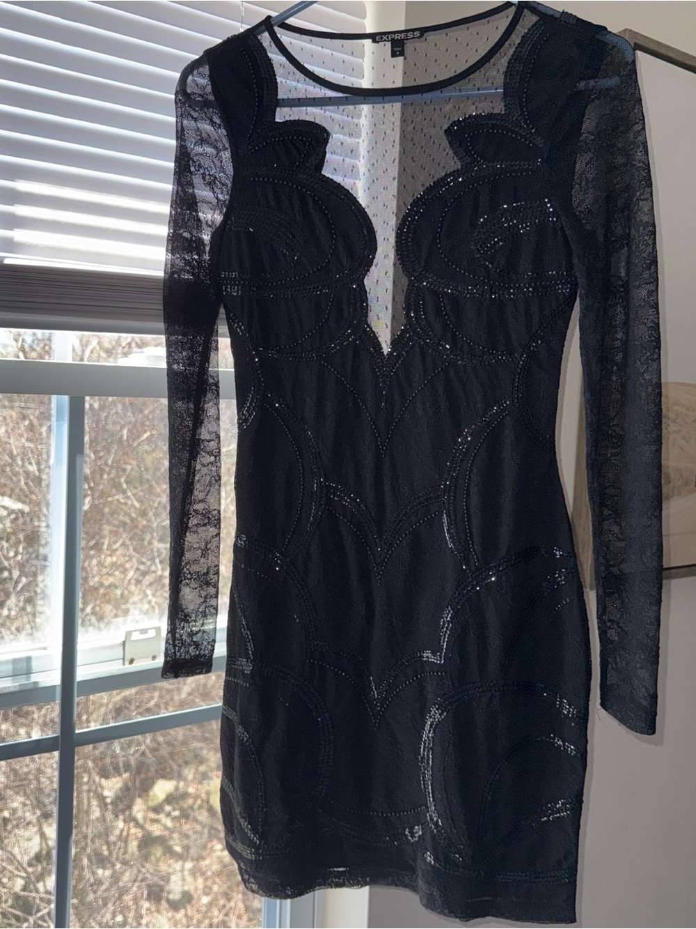 Express Black Lace Long-Sleeve Sequin Sheath Dress